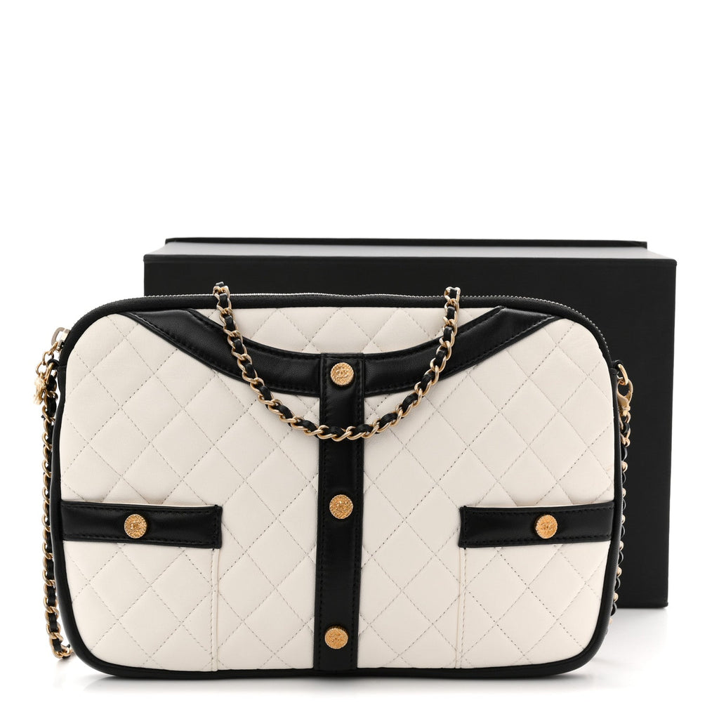Lambskin Quilted Medium Girl Shoulder Bag White Black
