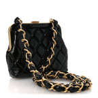 Patent Crumpled Lambskin Quilted Maxi Bow Clutch With Chain Black