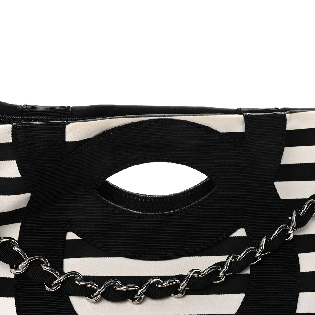 Canvas Grosgrain Striped CC Shopping Tote Black White