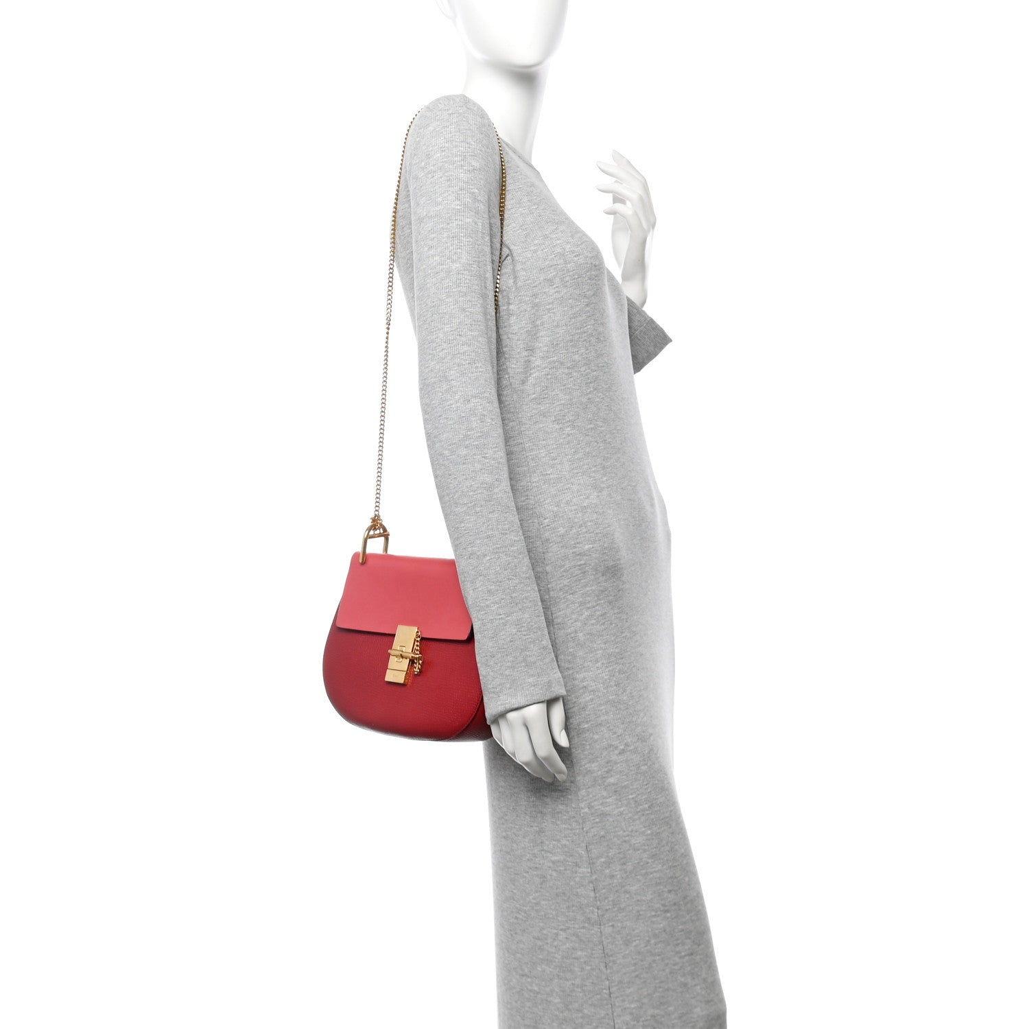 Grained Calfskin Lambskin Bi-Color Drew Shoulder Bag Red