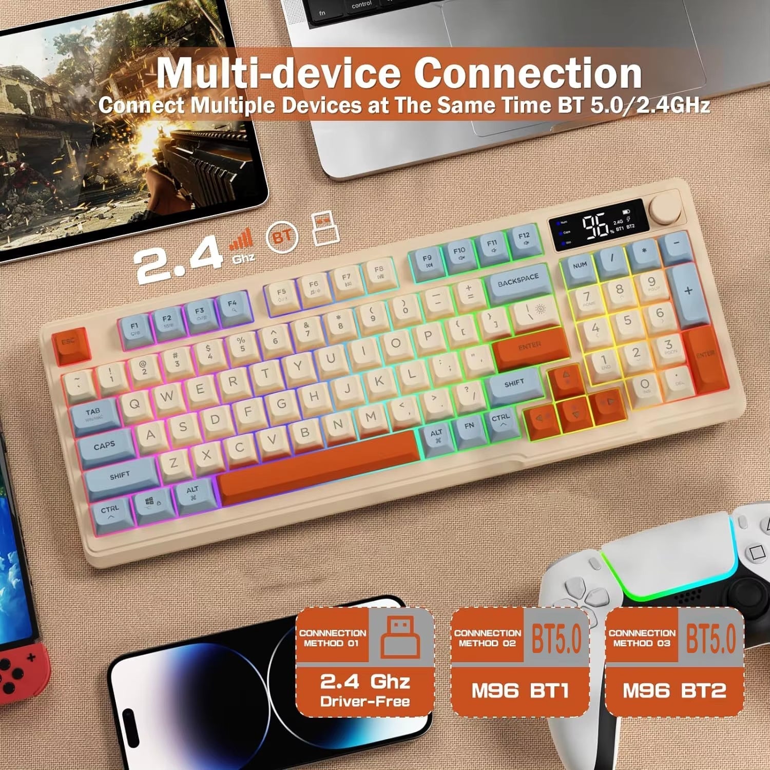 Wireless Gaming Keyboard with Display Screen and Control Knob, Bluetooth/2.4GHz Silent Membrane Design, 3000mAh Rechargeable Battery