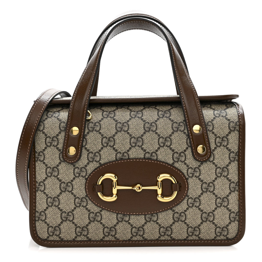 GG Supreme Monogram Azalea Calfskin Mini Horsebit 1955 Foldover Top Handle Bag Beige Ebony Brown Sugar