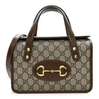 GG Supreme Monogram Azalea Calfskin Mini Horsebit 1955 Foldover Top Handle Bag Beige Ebony Brown Sugar