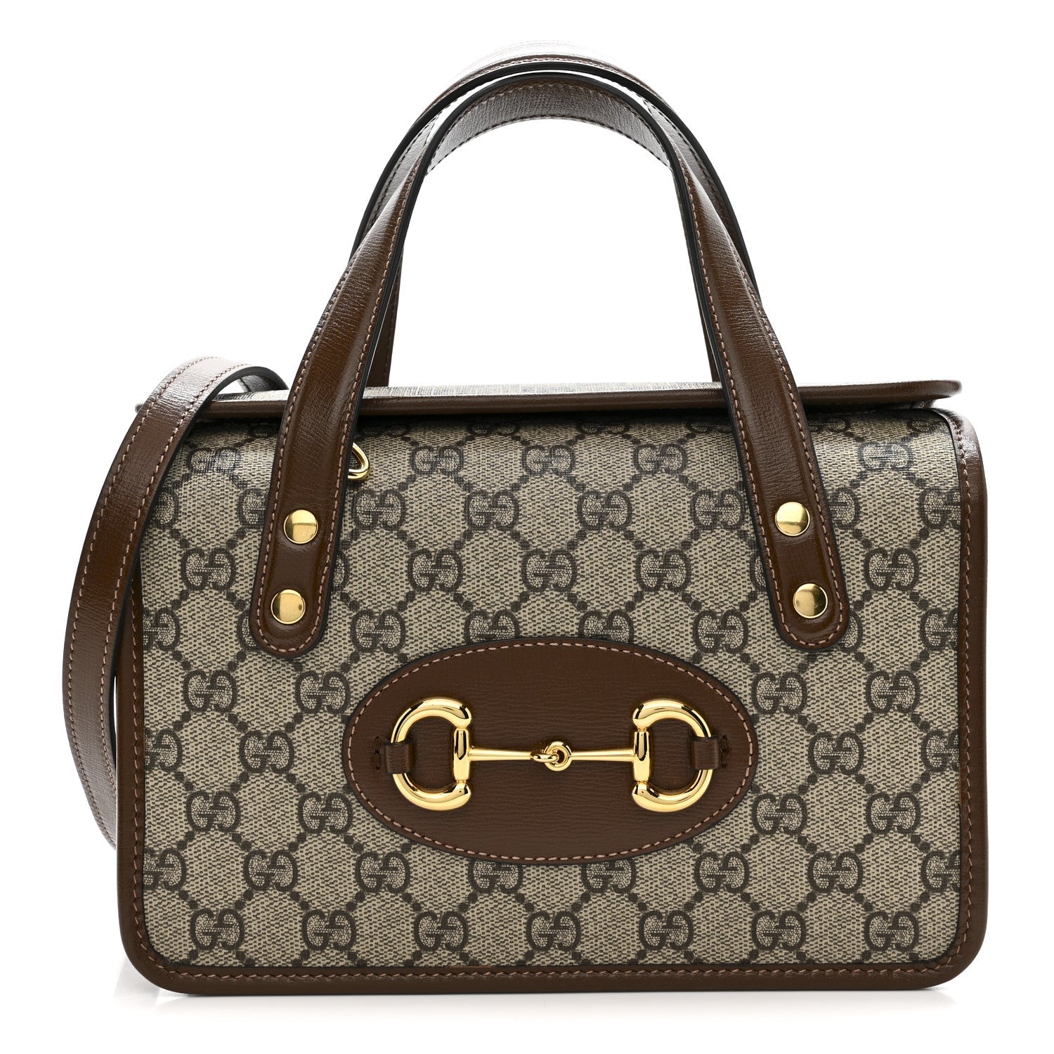 GG Supreme Monogram Azalea Calfskin Mini Horsebit 1955 Foldover Top Handle Bag Beige Ebony Brown Sugar