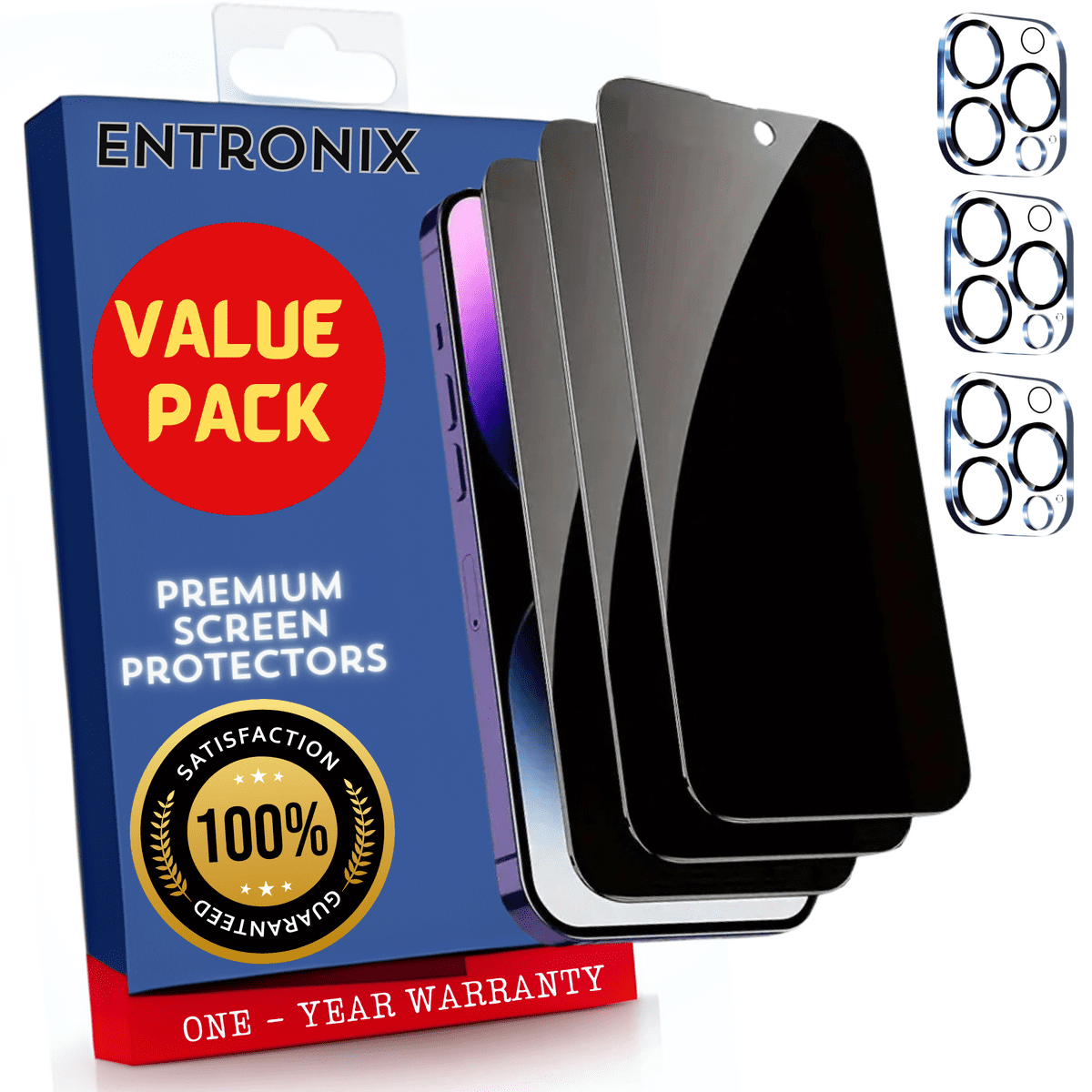 Entronix Anti-Spy Privacy Screen Protector & Camera Lens Protector Compatible with iPhone 15 Pro - 6-Piece Combo