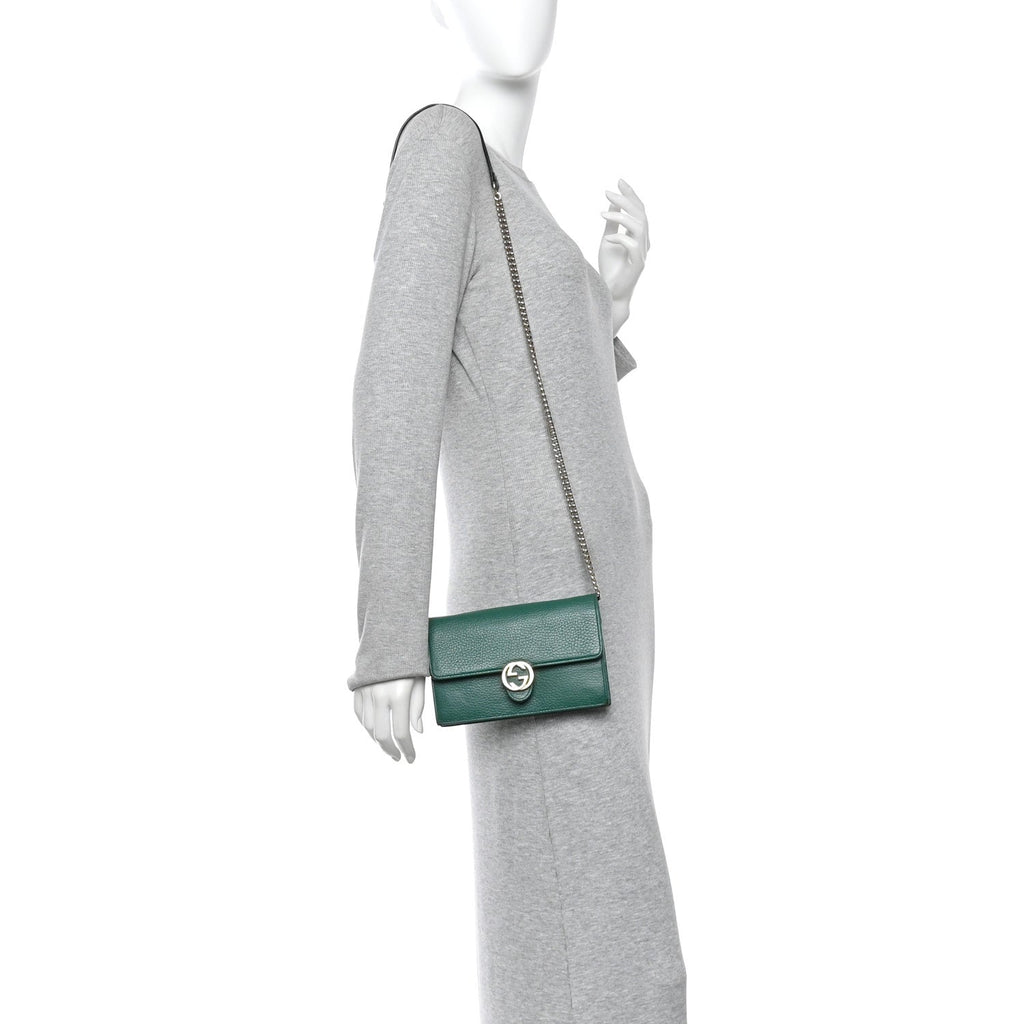 Dollar Calfskin Interlocking G Chain Wallet Emerald