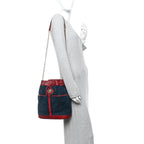 Suede Calfskin Web Medium Rajah Bucket Bag New Blue Romantic Cherry