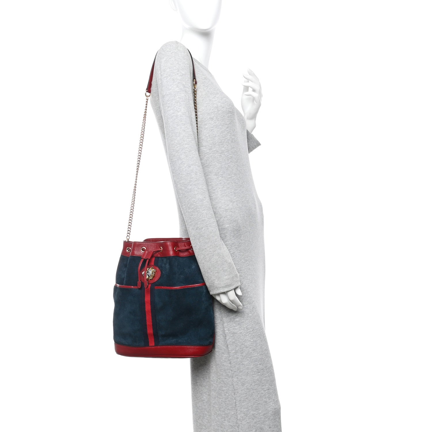 Suede Calfskin Web Medium Rajah Bucket Bag New Blue Romantic Cherry