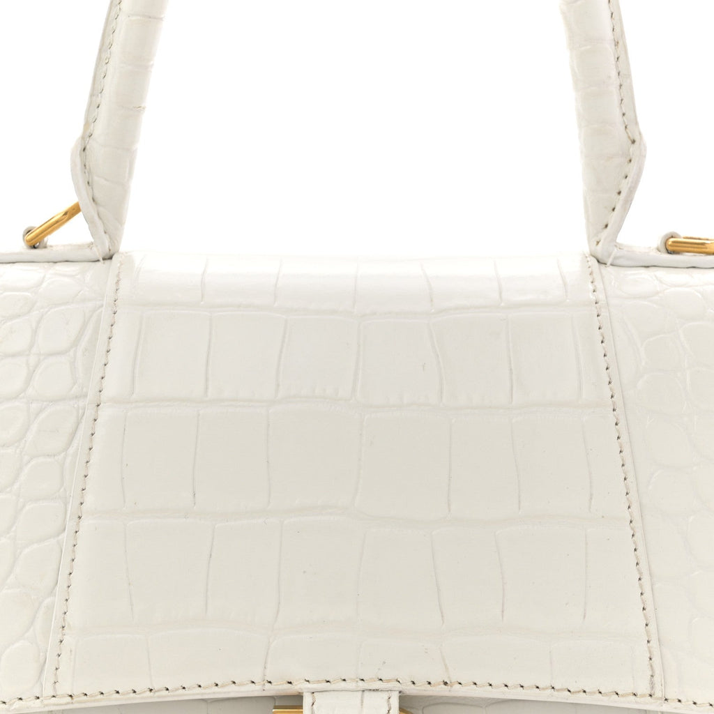 Calfskin Crocodile Embossed Small Hourglass Top Handle Bag White