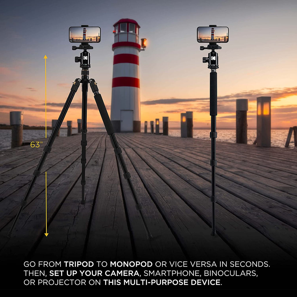 Kodak PhotoGear 63” Camera Tripod & Monopod, 2-in-1 Camera Tripod Stand W/Remote & 360° Ball Head