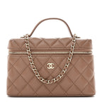 Caviar Quilted Top Handle Slim Vanity With Chain Dark Beige