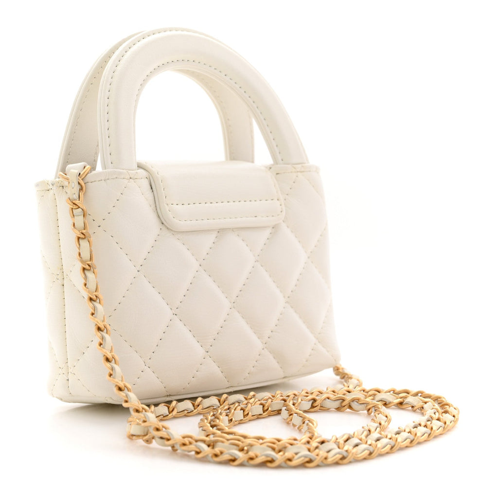 Shiny Aged Calfskin Quilted Mini Nano Kelly Shopper White