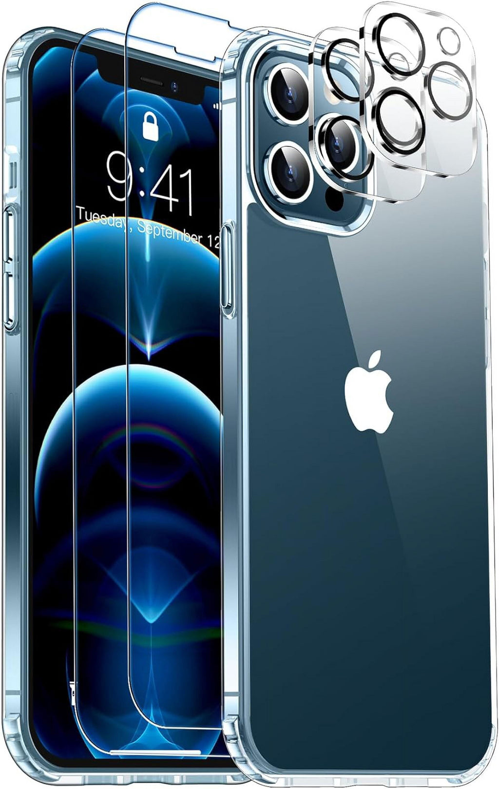 Entronix Bundle Compatible with iPhone 12 Pro Max - [Hard] Clear Case, 2 Clear Screen Protector & 2 Camera Lens Protectors