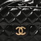 Shiny Crumpled Calfskin Quilted Small Wavy CC Hobo Black