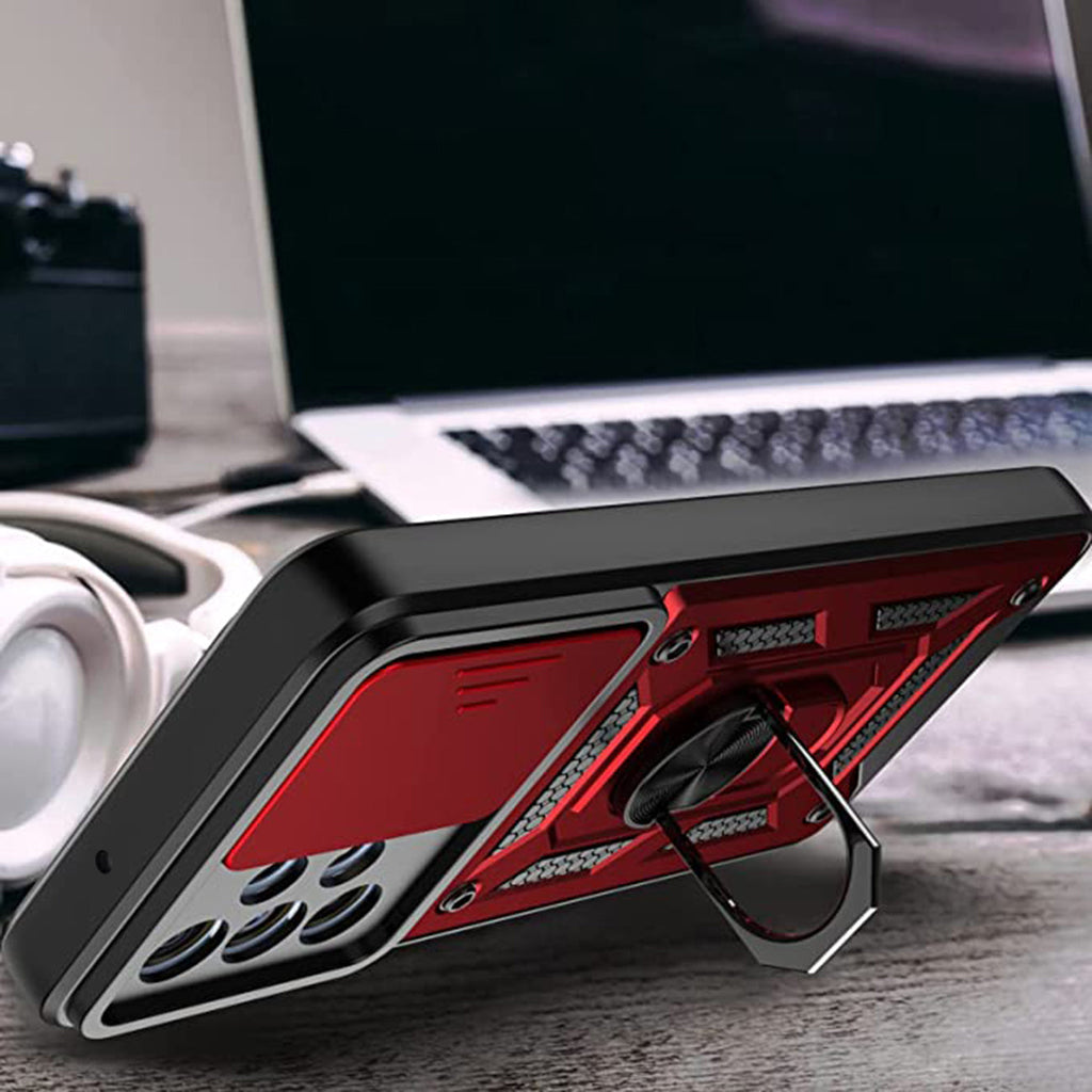 Kickstand Ring Holder With Slide Camera Cover Tpu Shockproof Case And Magnetic Car Mount For Samsung Galaxy A23 In Red
