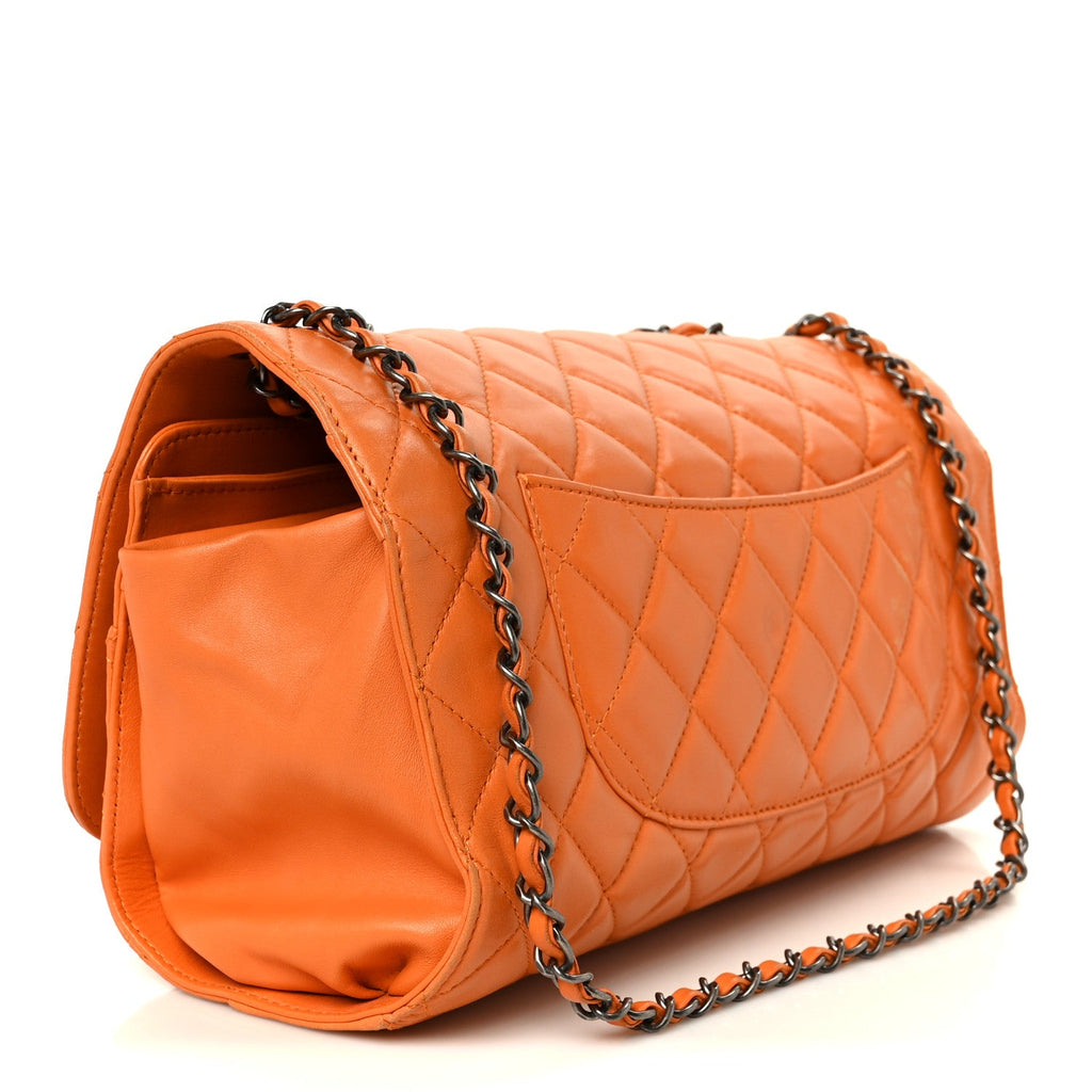 Lambskin Quilted Jumbo Grocery By Chanel Drawstring Shopping Bag Orange