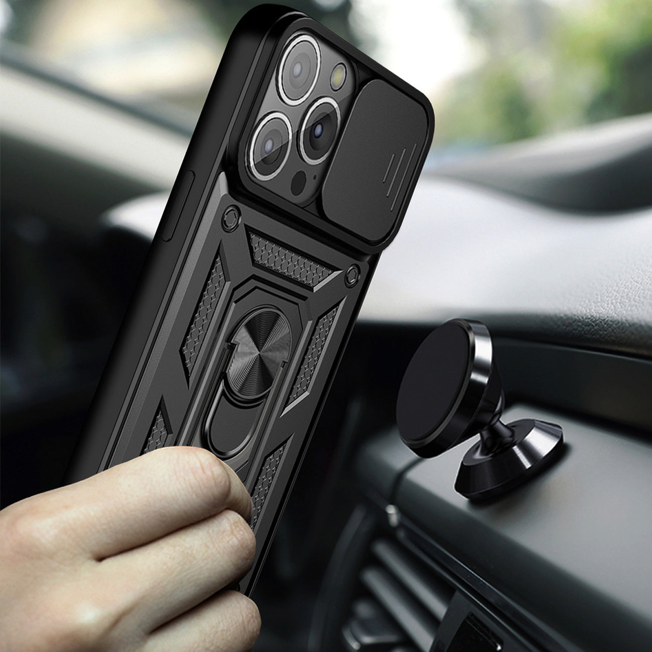 Kickstand Ring Holder & Slide Camera Cover Magnetic Car Mount For Apple Iphone 13 Pro In Black