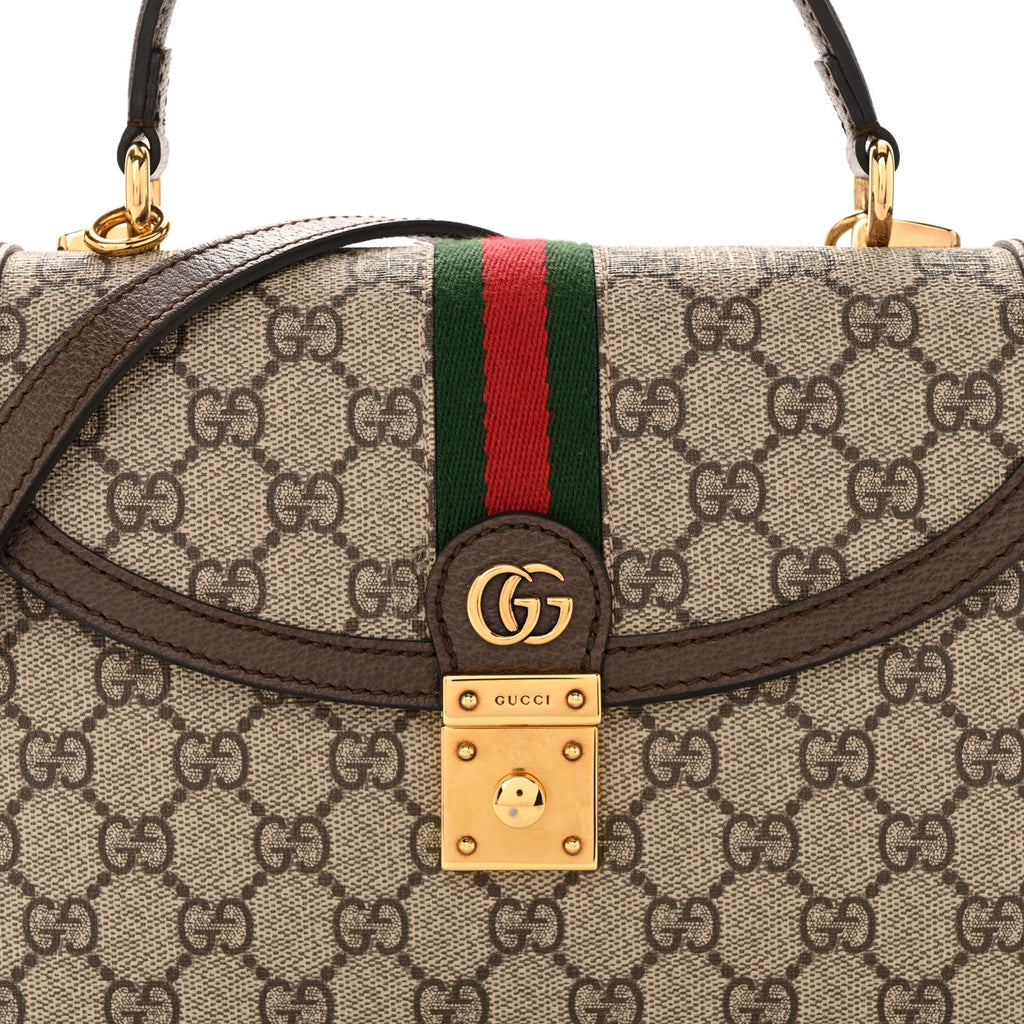 GG Supreme Monogram Textured Dollar Calfskin Web Small Ophidia Padlock Top Handle Bag Beige Ebony New Acero