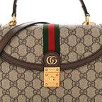 GG Supreme Monogram Textured Dollar Calfskin Web Small Ophidia Padlock Top Handle Bag Beige Ebony New Acero