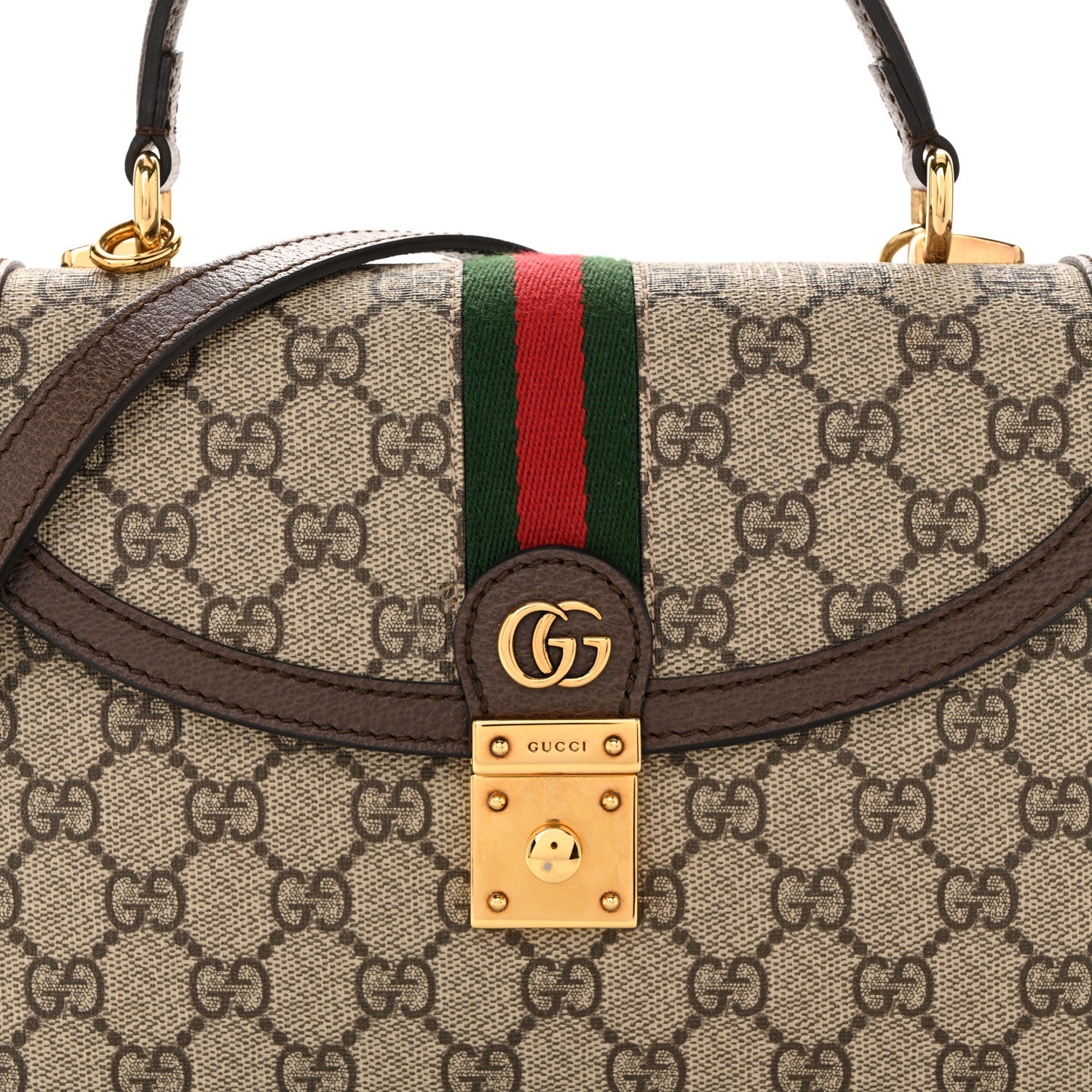 GG Supreme Monogram Textured Dollar Calfskin Web Small Ophidia Padlock Top Handle Bag Beige Ebony New Acero