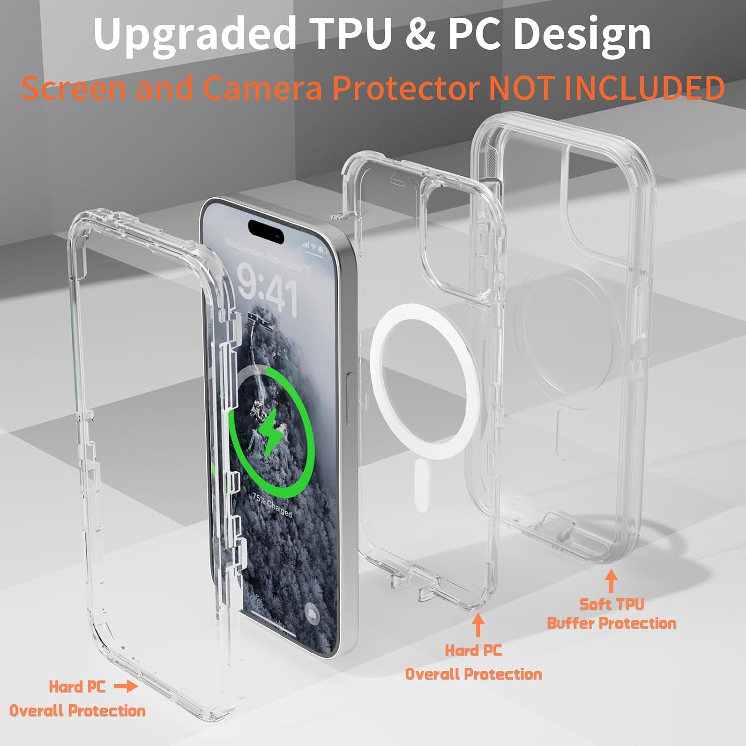 Entronix [Magnetic] Case Compatible with iPhone 15 - [Clear] Triple-Layer Heavy Duty Protection