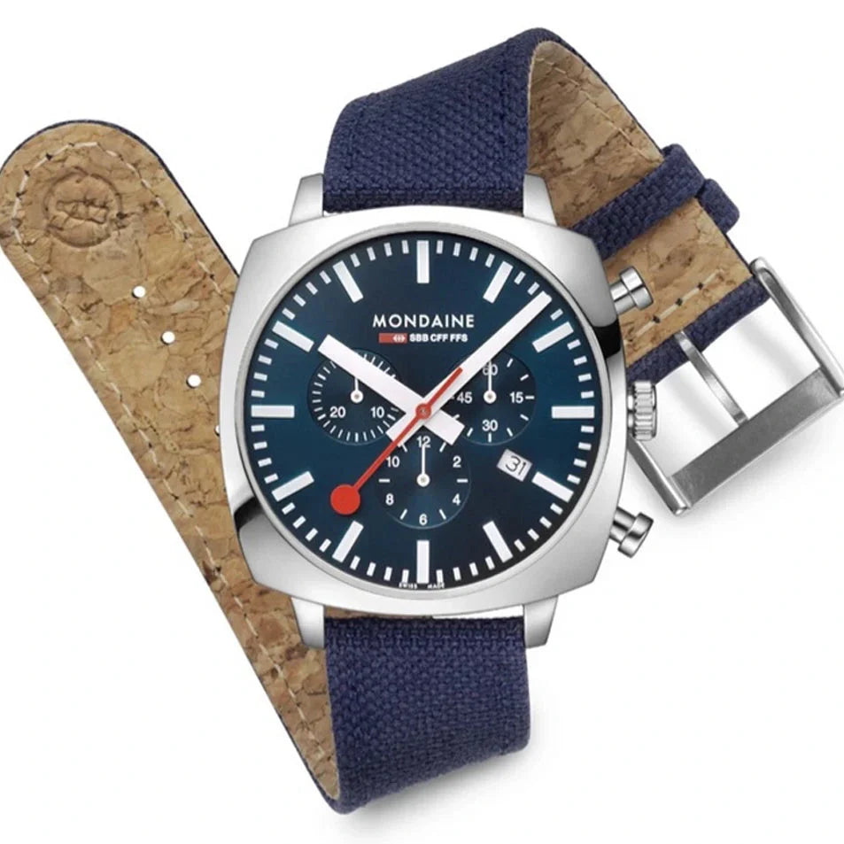 Mondaine Grand Cushion Chrono Square Men's Blue Watch