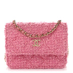 Tweed Quilted Flap Chain Waist Bag Pink