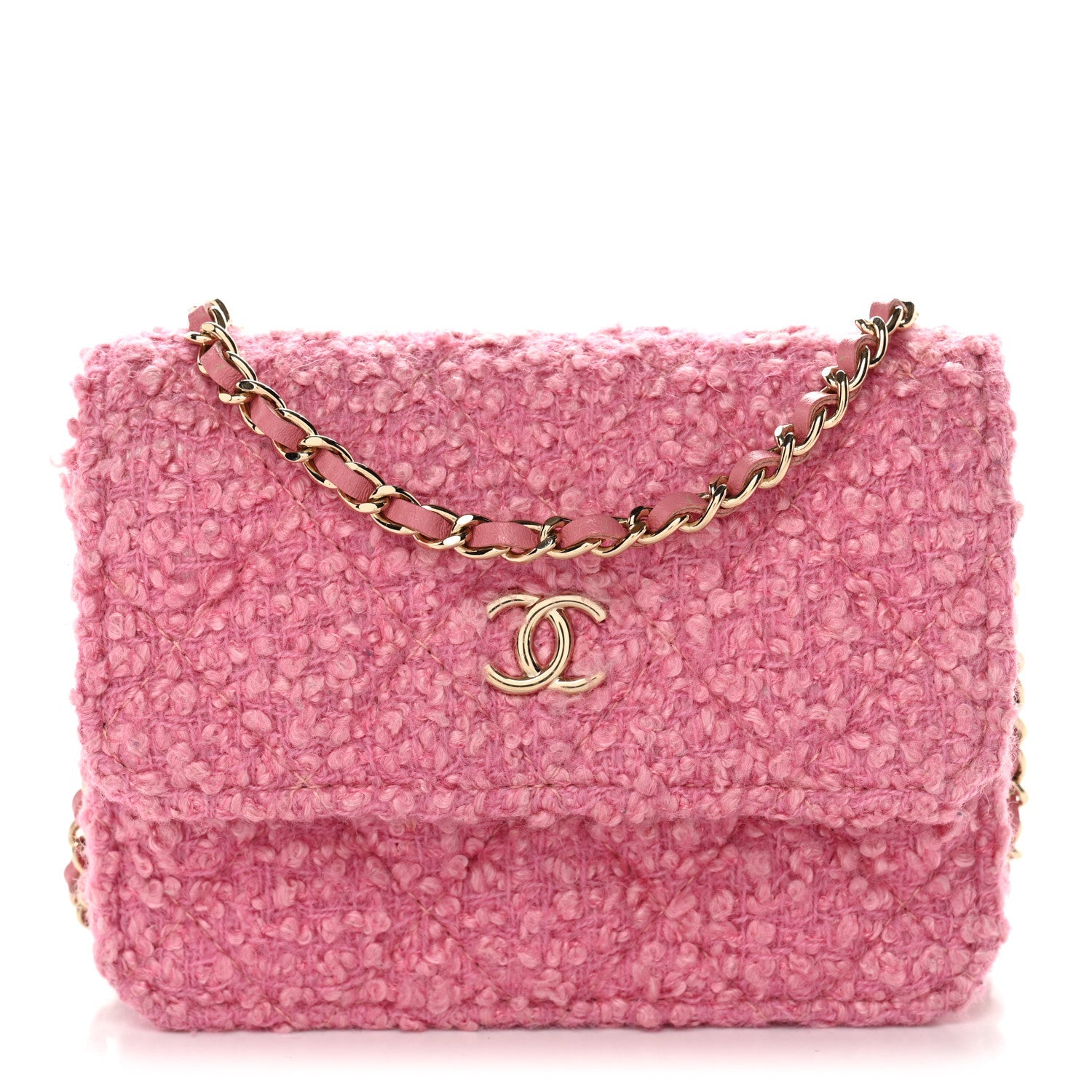 Tweed Quilted Flap Chain Waist Bag Pink