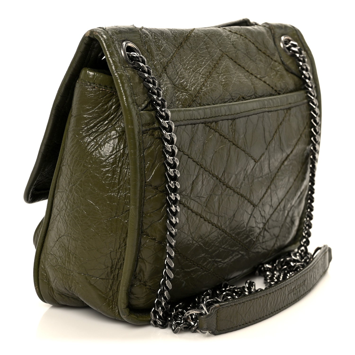 Crinkled Lambskin Matelasse Monogram Baby Niki Chain Satchel Seawood