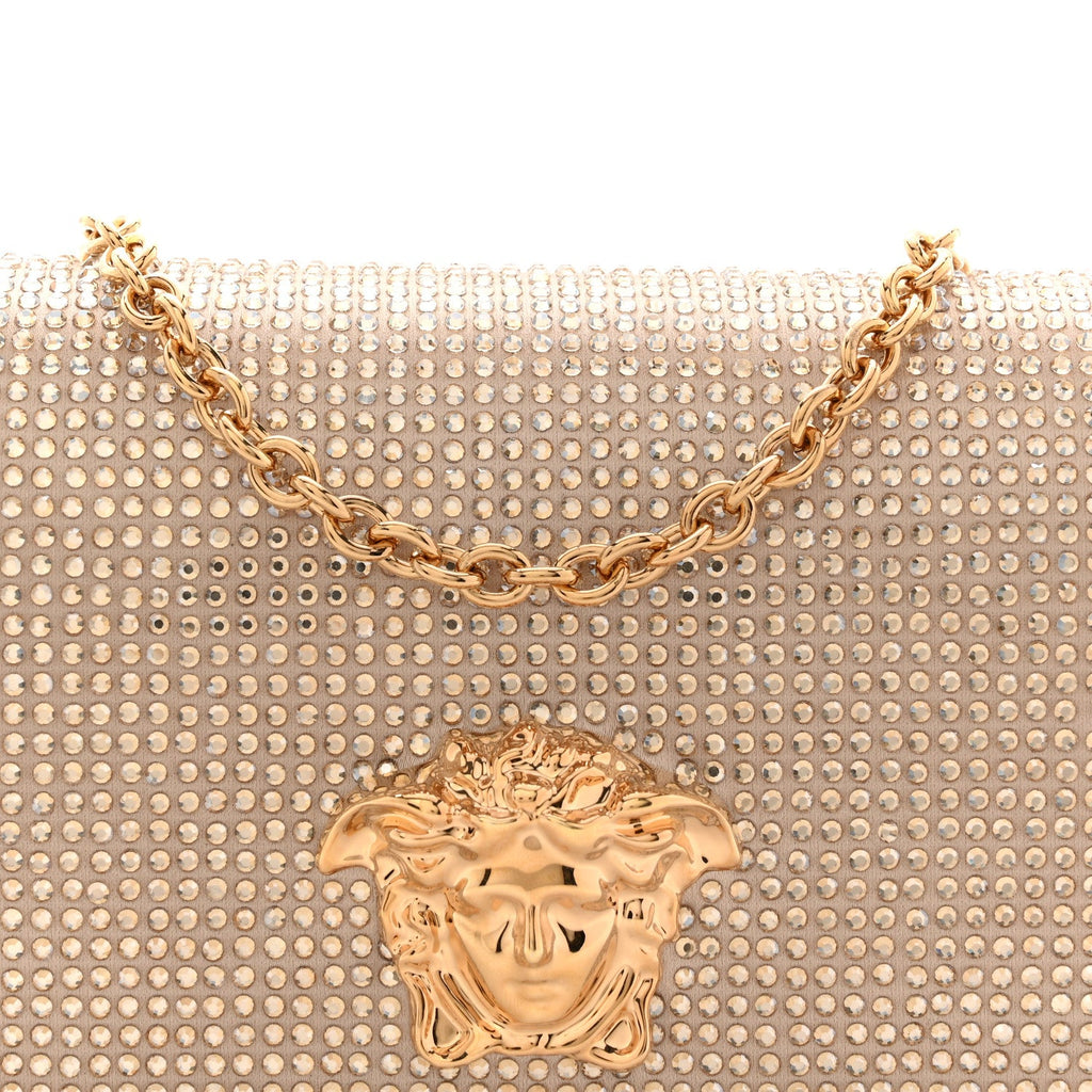 Satin Crystal Medusa Chain Clutch Beige