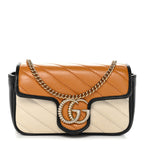 Vintage Effect Calfskin Matelasse Diagonal Super Mini Torchon GG Marmont Shoulder Bag  Cognac Mystic White Blue Agata