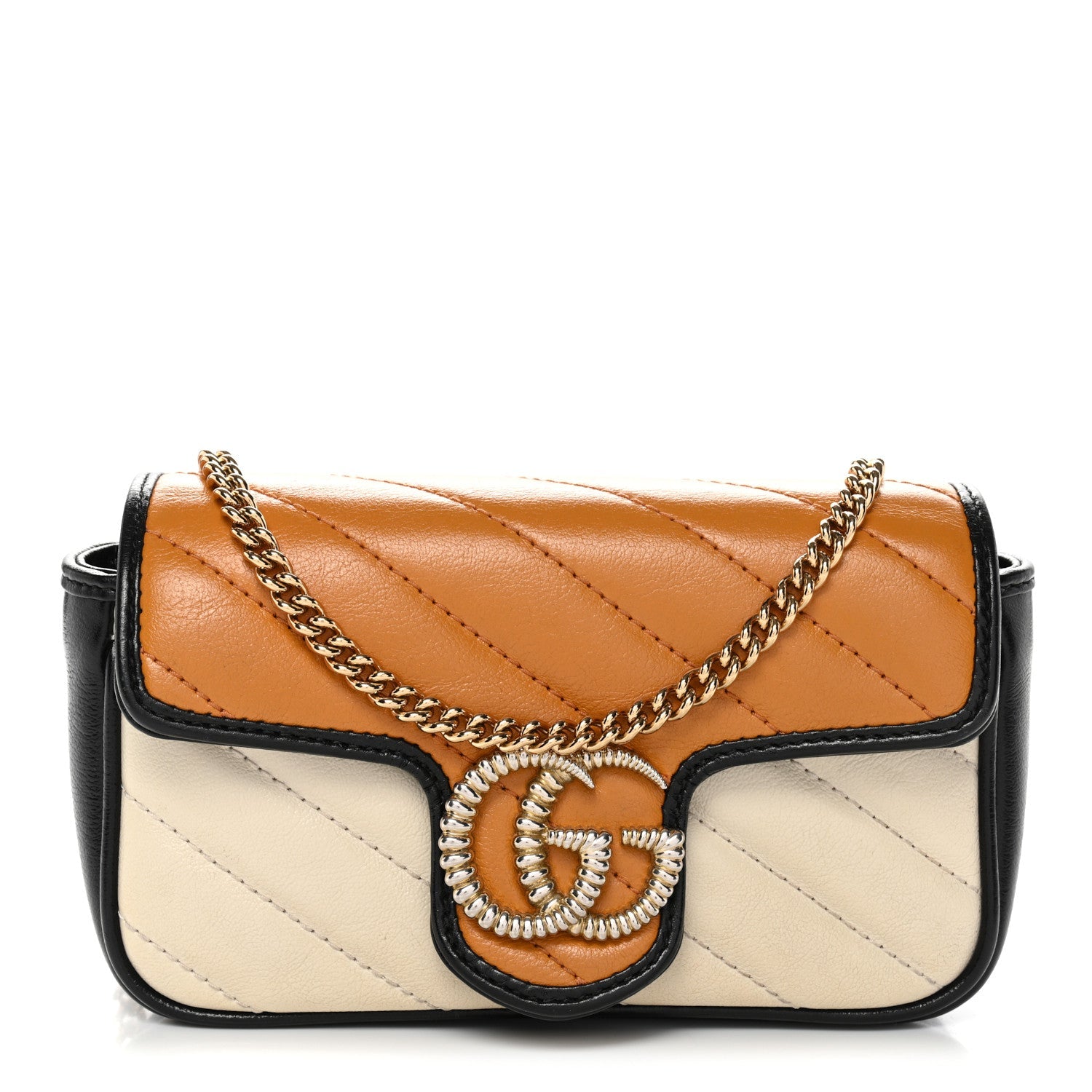 Vintage Effect Calfskin Matelasse Diagonal Super Mini Torchon GG Marmont Shoulder Bag  Cognac Mystic White Blue Agata