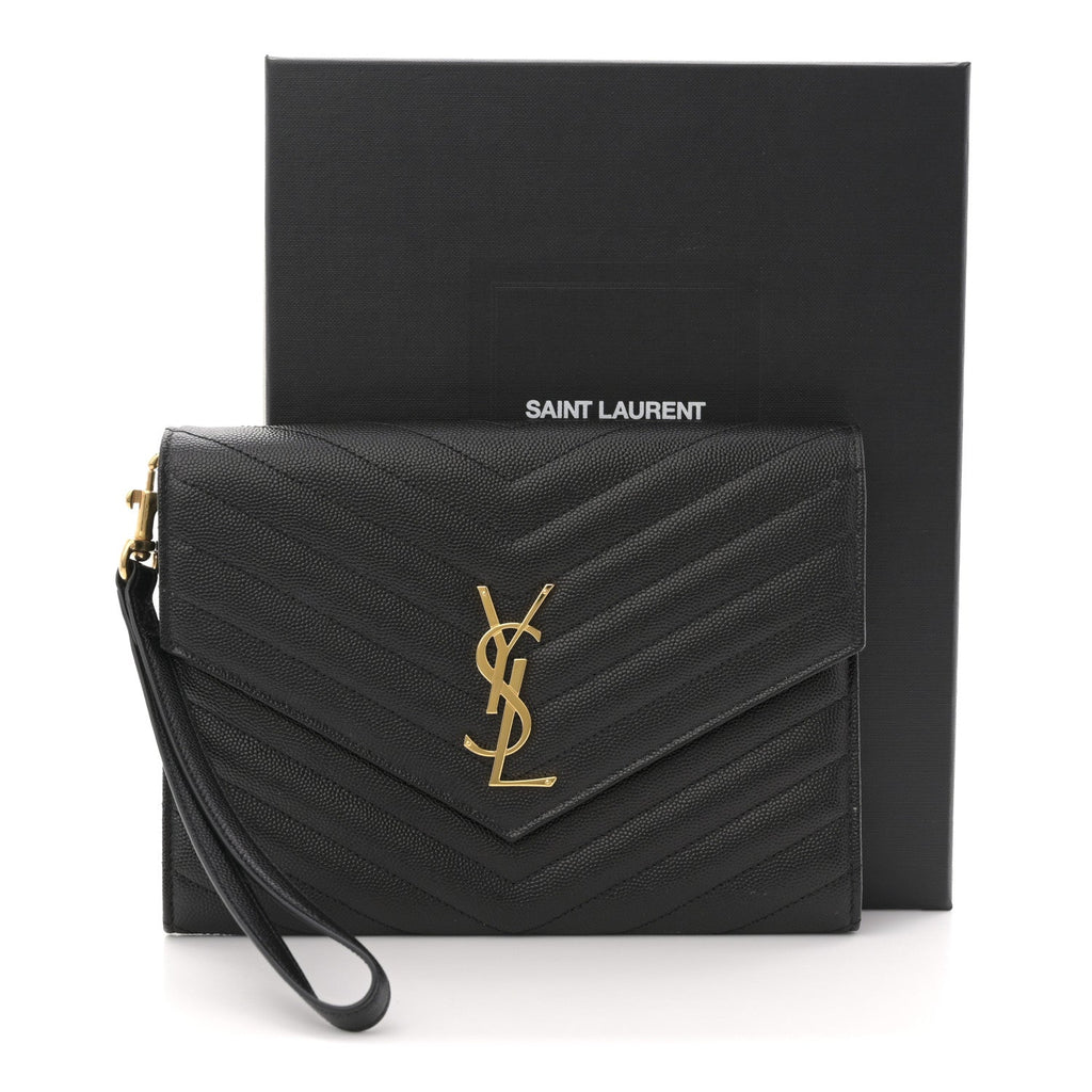 Grain De Poudre Matelasse Chevron Monogram Envelope Clutch Black