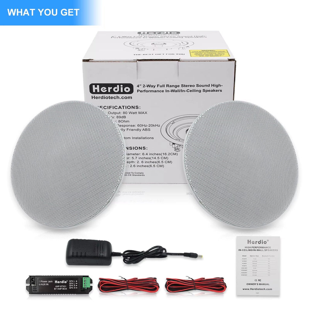 4-Inch Flush Mount Two-Way Stereo Bluetooth Ceiling Speaker for Indoor and Outdoor Use in Bathrooms, Kitchens, and Bedrooms
