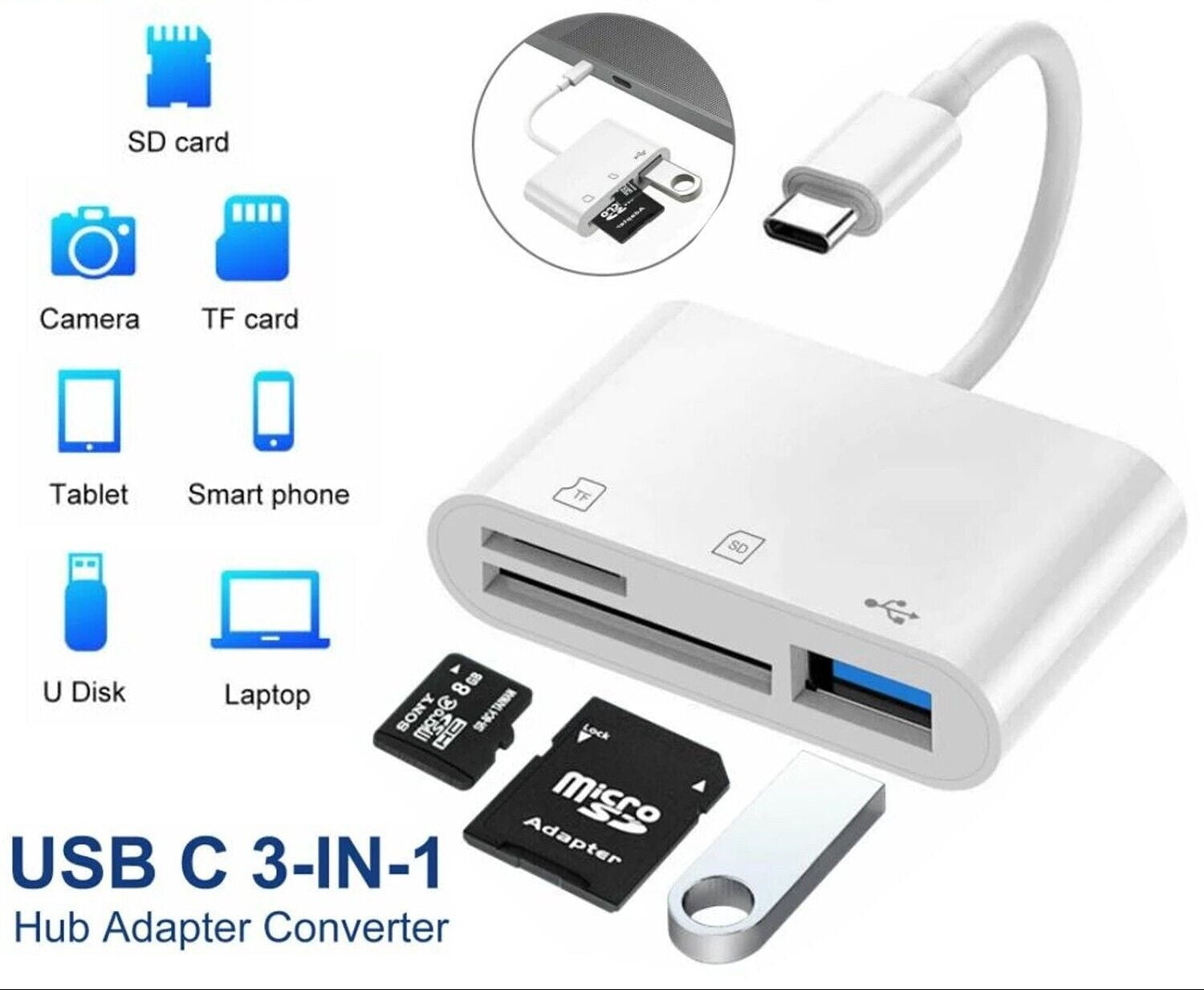 USB C 3 in 1 Hub Converter Type-C Adapter SD Card Reader For MacBook Pro Laptop