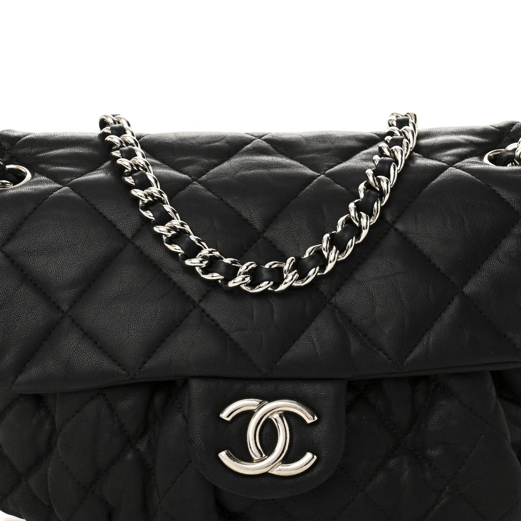 Washed Lambskin Quilted Medium Chain Around Messenger Black