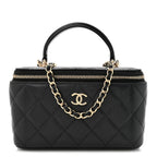 Lambskin Quilted Small Top Handle Vanity Case With Chain Black