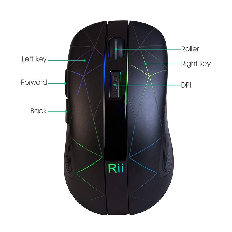 RM200 Wireless Mouse,2.4G Wireless Mouse 5 Buttons Rechargeable Mobile Optical Mouse with USB Nano Receiver,3 Adjustable DPI Levels,Colorful LED Lights for Notebook,PC,Computer-Black