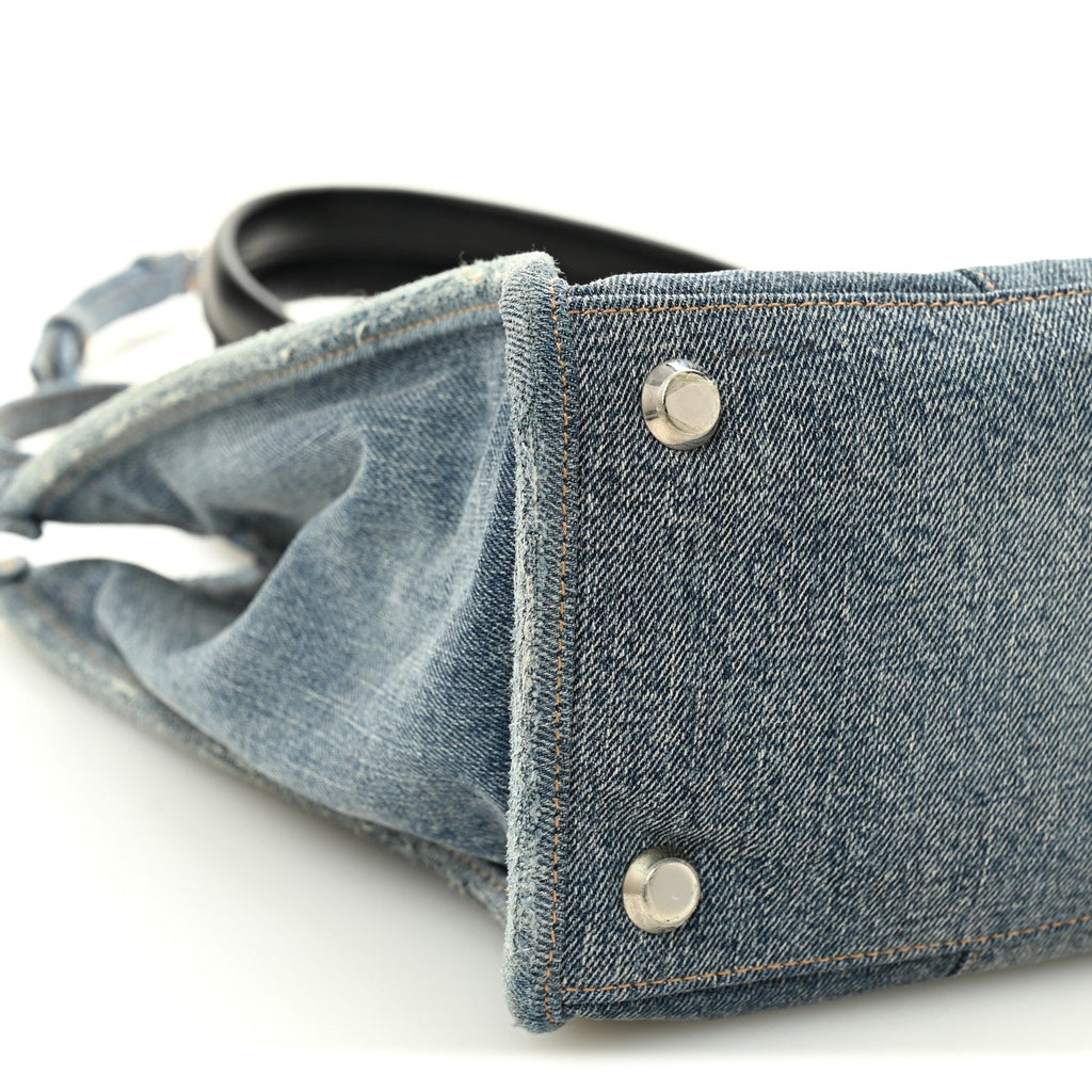 Washed Frayed Denim Logo Medium Hardware Tote Blue