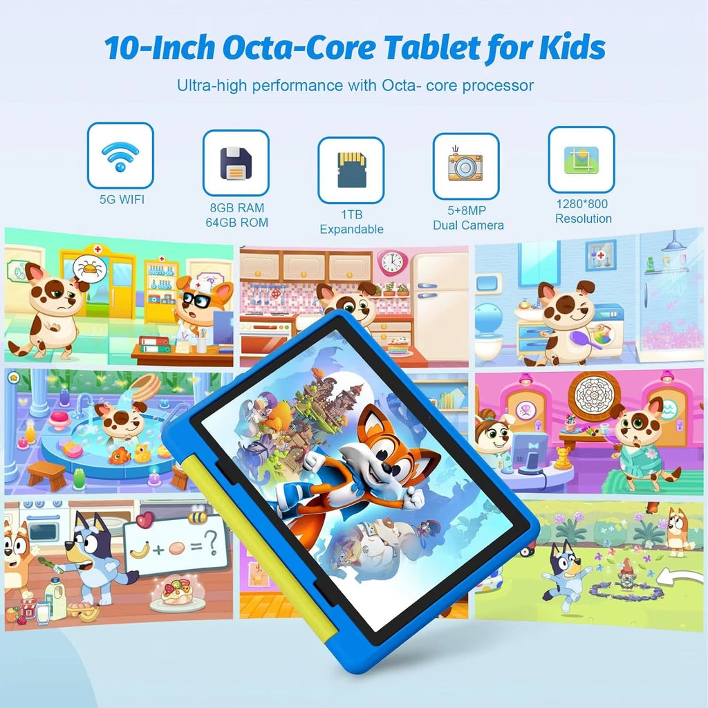 10-Inch Android Kids Tablet - 14 Octa-Core, 8GB RAM, 64GB ROM, Parental Control, Includes Protective Case - Ideal Gift for Toddlers