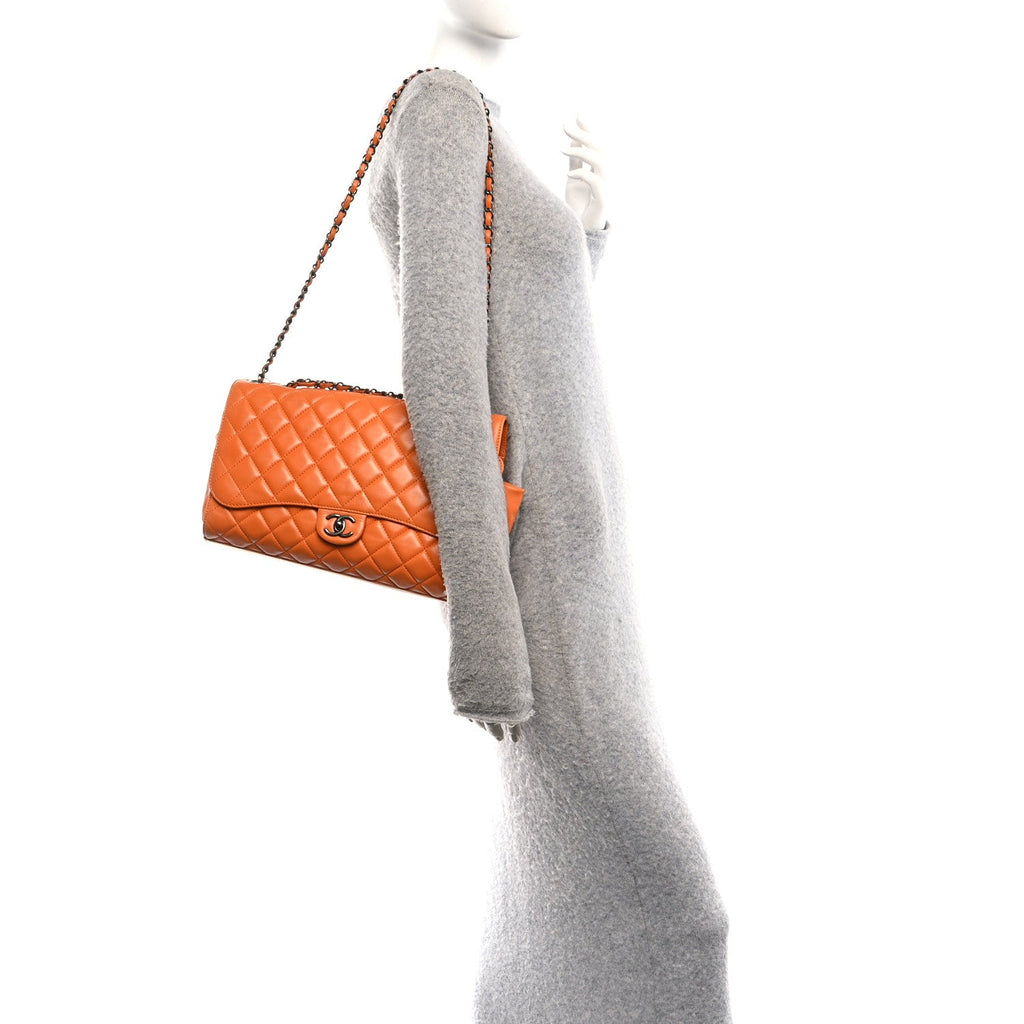 Lambskin Quilted Jumbo Grocery By Chanel Drawstring Shopping Bag Orange