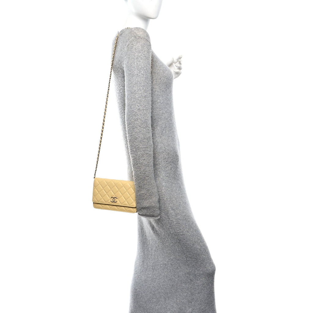 Caviar Quilted Studded CC Wallet on Chain WOC Yellow
