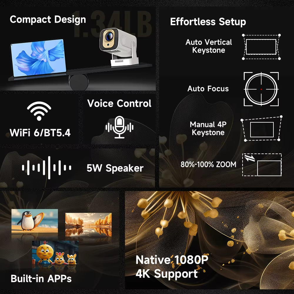 HY310 Auto Focus Mini Outdoor Projector - 1080P Native 4K, 330 ANSI Lumens, Android 11, WiFi 6, Bluetooth 5.4, with Air Mouse