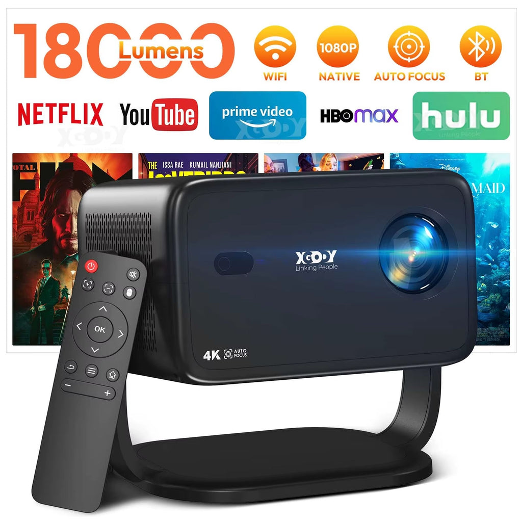 4K Native 1080P Auto Focus WiFi 6 Projector, 18000 Lumens Android Home Theater Cinema