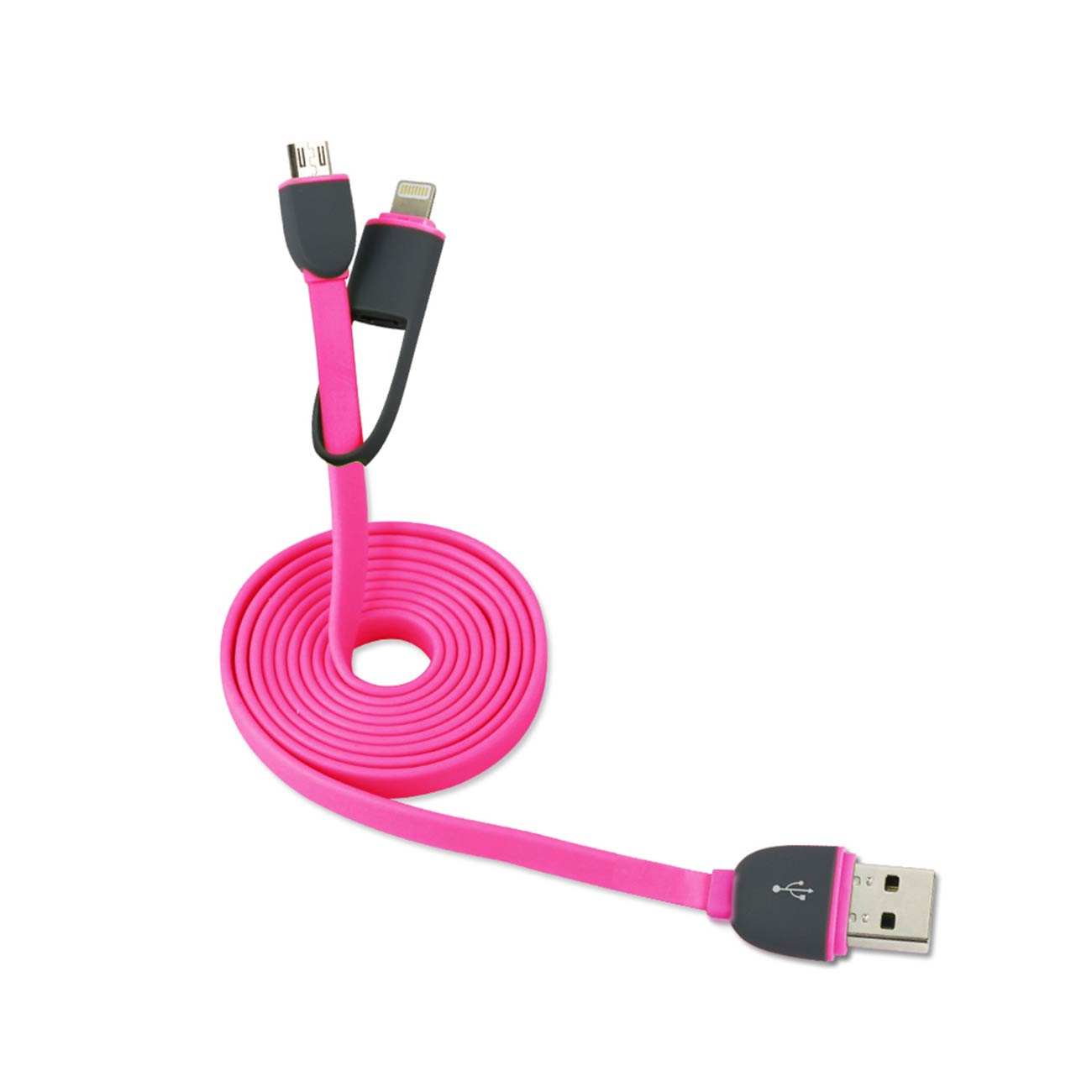 Reiko 8Pin And Micro Usb Flat Cable 3.2Ft 2-In-1 Usb Data In Hot Pink