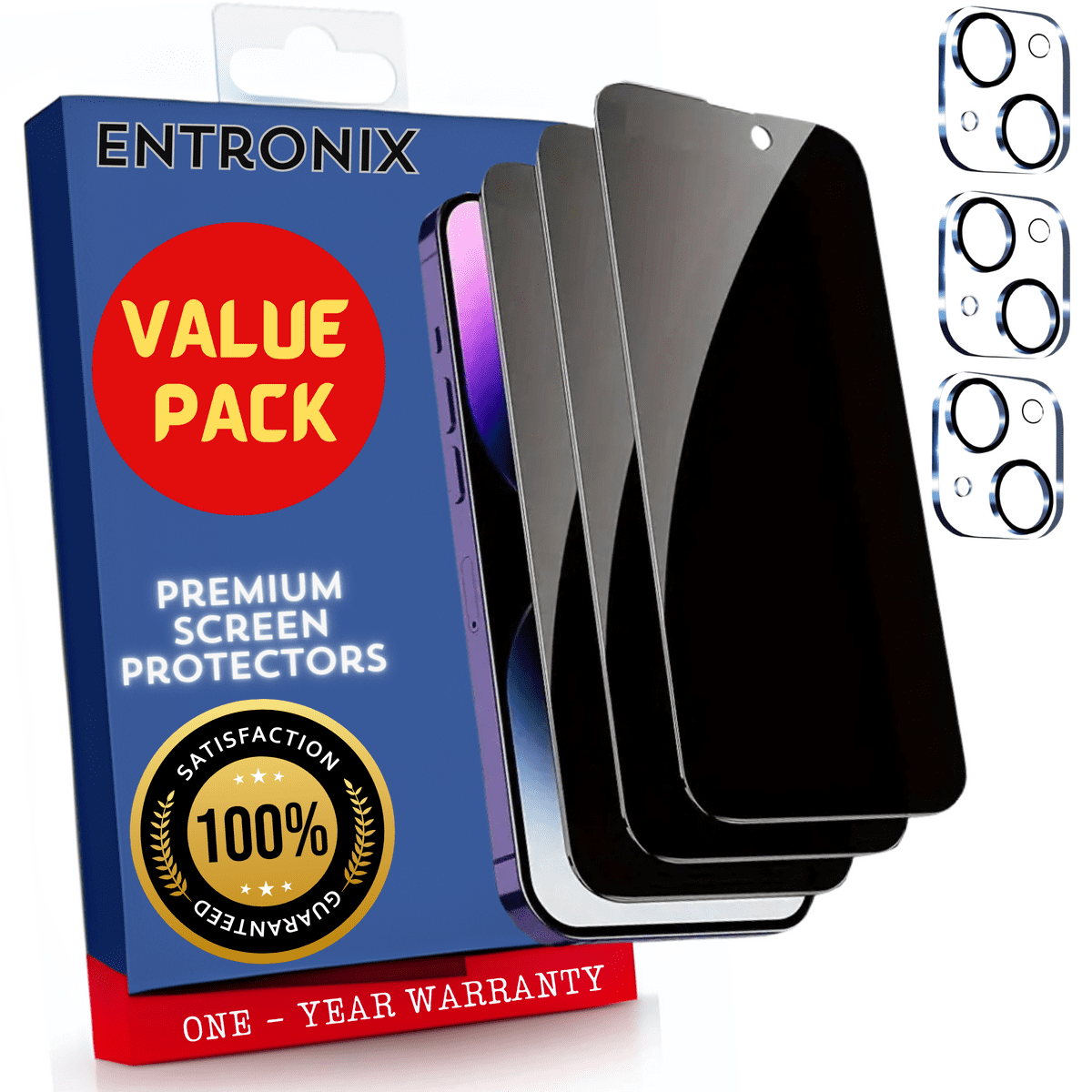 Entronix Anti-Spy Privacy Screen Protector & Camera Lens Protector Compatible with iPhone 15 Plus - 6-Piece Combo
