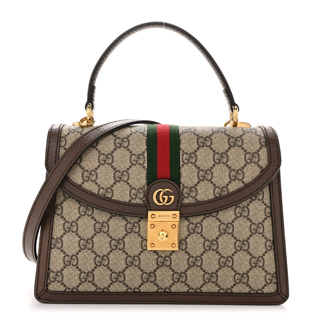 GG Supreme Monogram Textured Dollar Calfskin Web Small Ophidia Padlock Top Handle Bag Beige Ebony New Acero