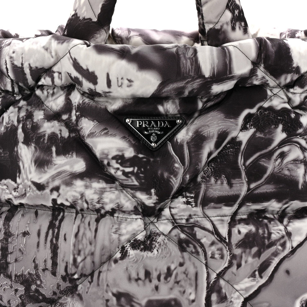 Re-Nylon Padded Printed Medium Tote Bag Black White