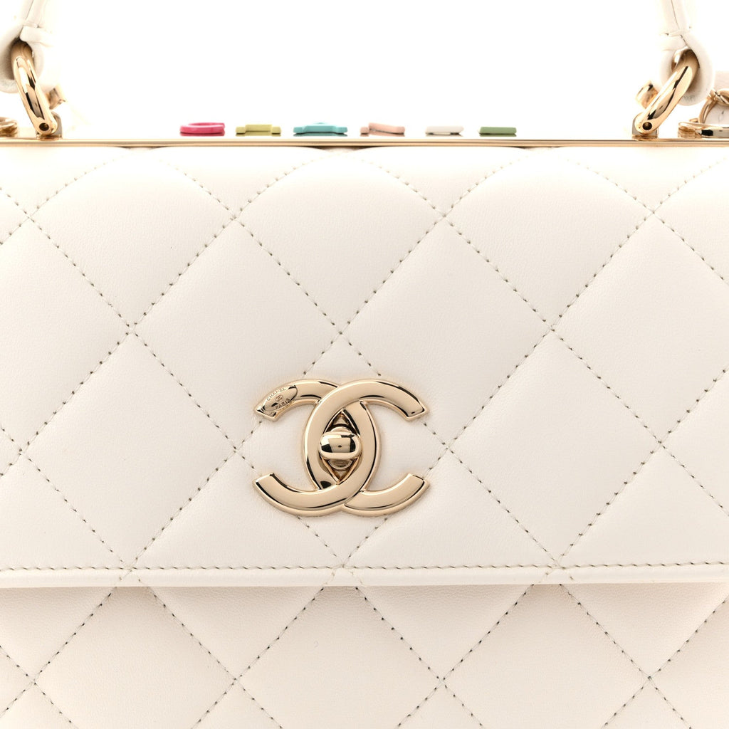 Lambskin Lacquered Quilted Small Trendy CC Dual Handle Flap Bag White