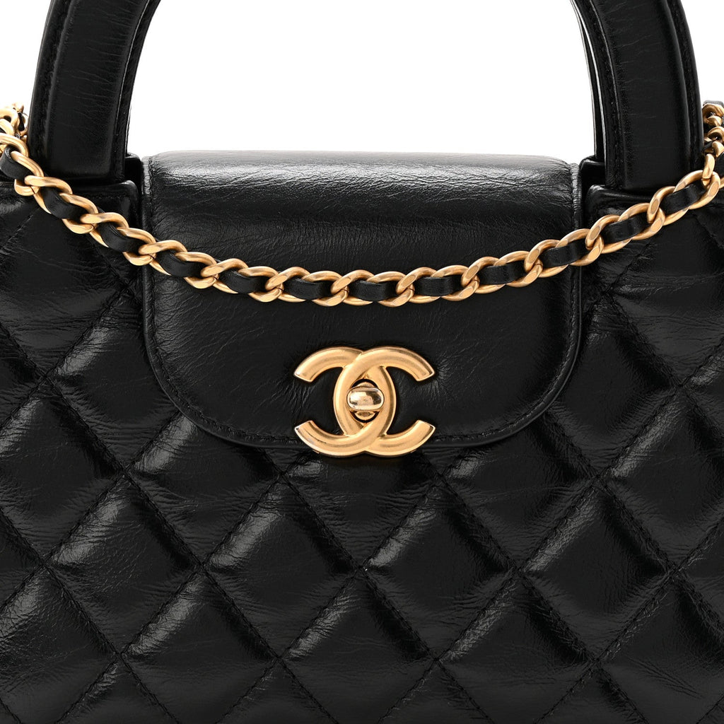 Shiny Aged Calfskin Quilted Nano Kelly Shopper Black